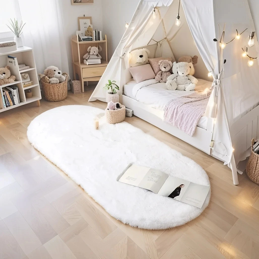 Kids Outdoor Floor Cushions - Овальный коврик из искусственного меха кролика,
